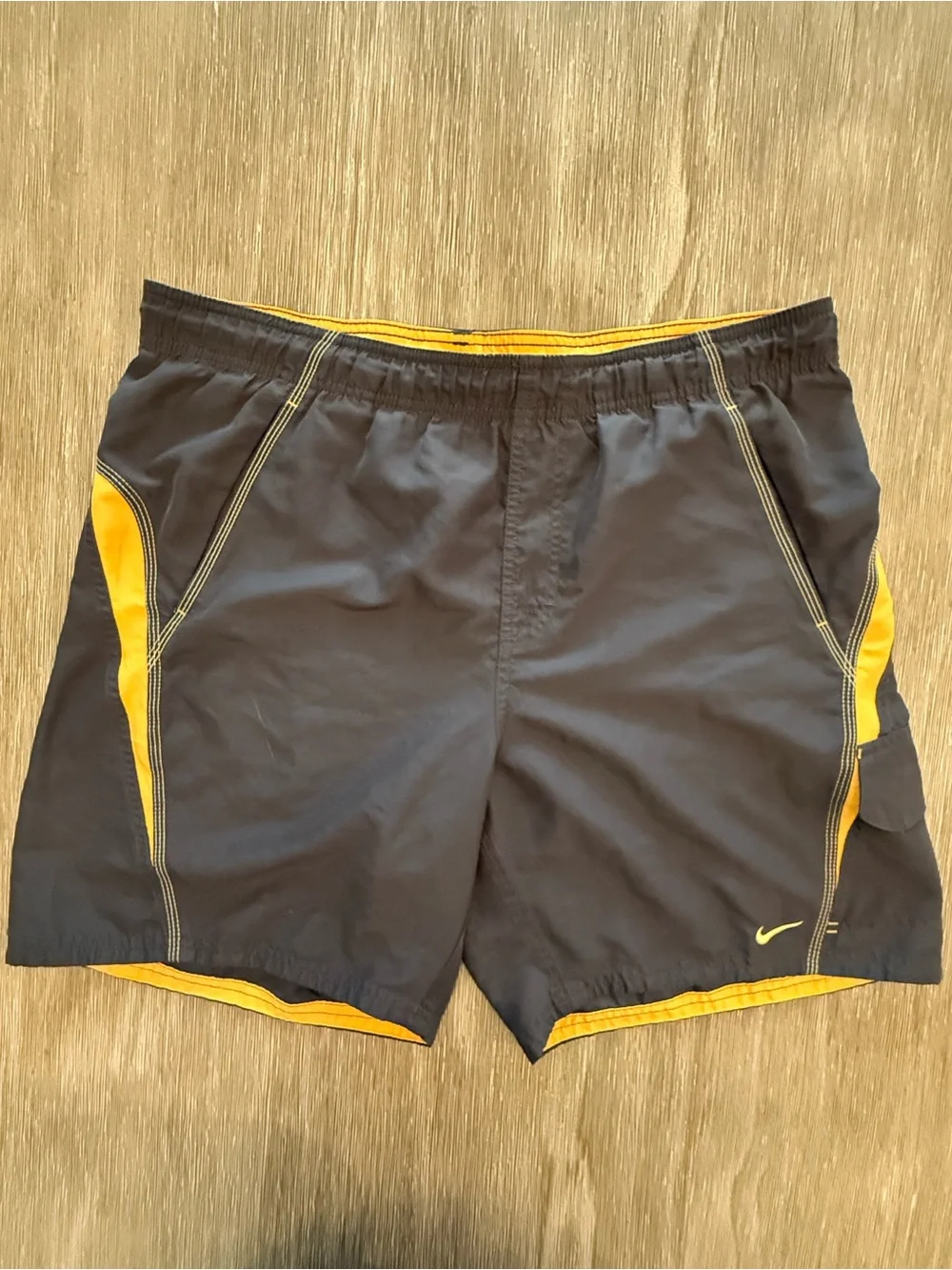 Vintage Y2K Nike Swim Trunks Board Shorts Black Yellow Cargo Pocket Medium